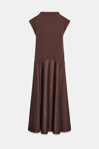 MIDI SOFT TWO-TONE DRESS WITH HIGH NECK